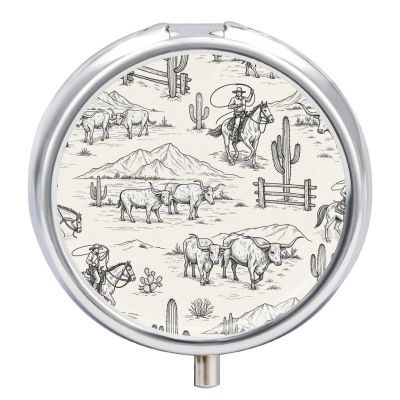 Portable Medicine Box, Cowboy Cow Longhorn Horse Print Western Round Pill Organizer, Compact Case for Fish Oil, Travel Pill Holder Purse Carry for Seniors