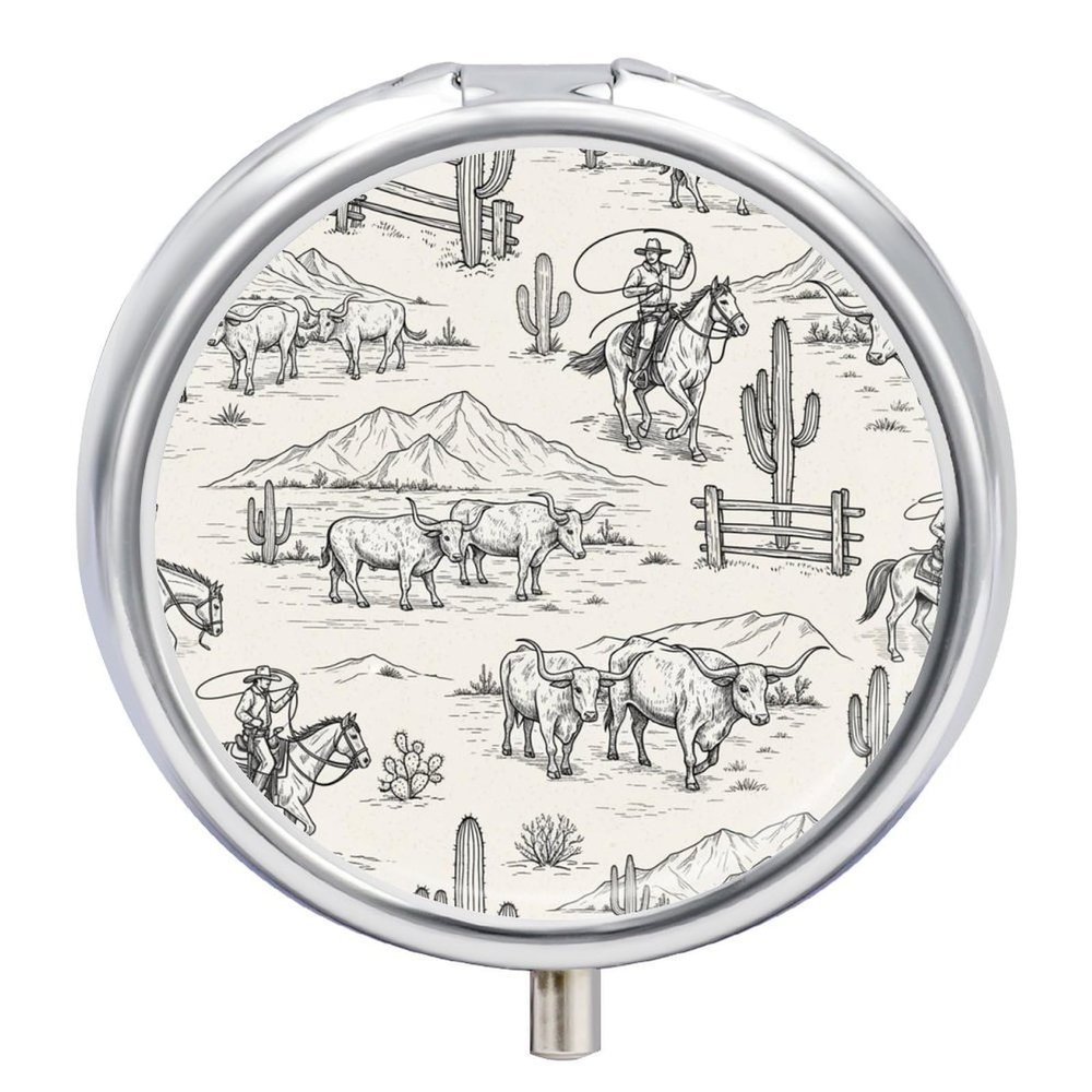 Portable Medicine Box, Cowboy Cow Longhorn Horse Print Western Round Pill Organizer, Compact Case for Fish Oil, Travel Pill Holder Purse Carry for Seniors
