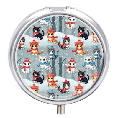 Portable Pill Organizer, Cute Snow Cat Round Cute Container, Mini Case for Vitamins, Travel Holder Purse Use for Women