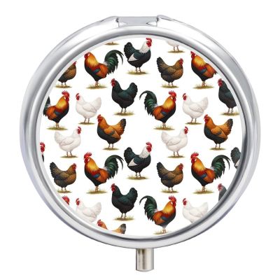 Portable Medicine Box, Cute Farm Animals Chicken Round Pill Organizer, Compact Case for Fish Oil, Travel Pill Holder Purse Carry for Seniors