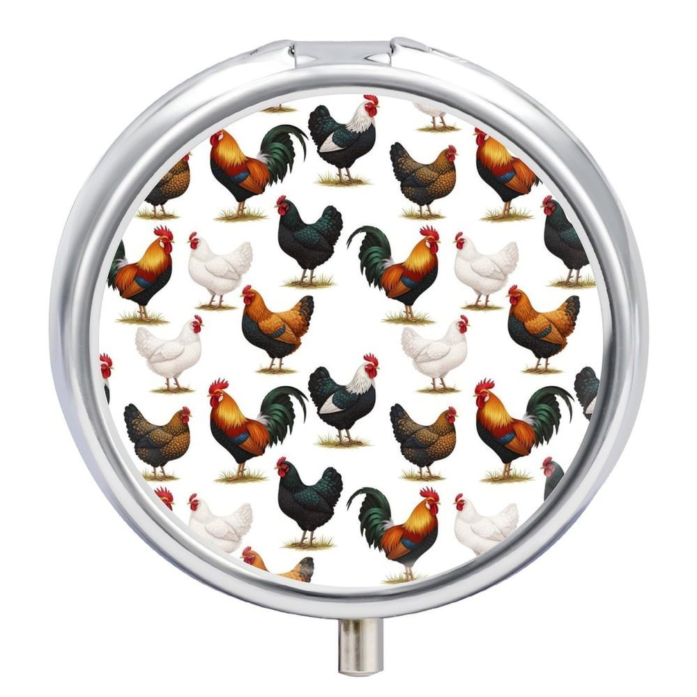 Portable Medicine Box, Cute Farm Animals Chicken Round Pill Organizer, Compact Case for Fish Oil, Travel Pill Holder Purse Carry for Seniors