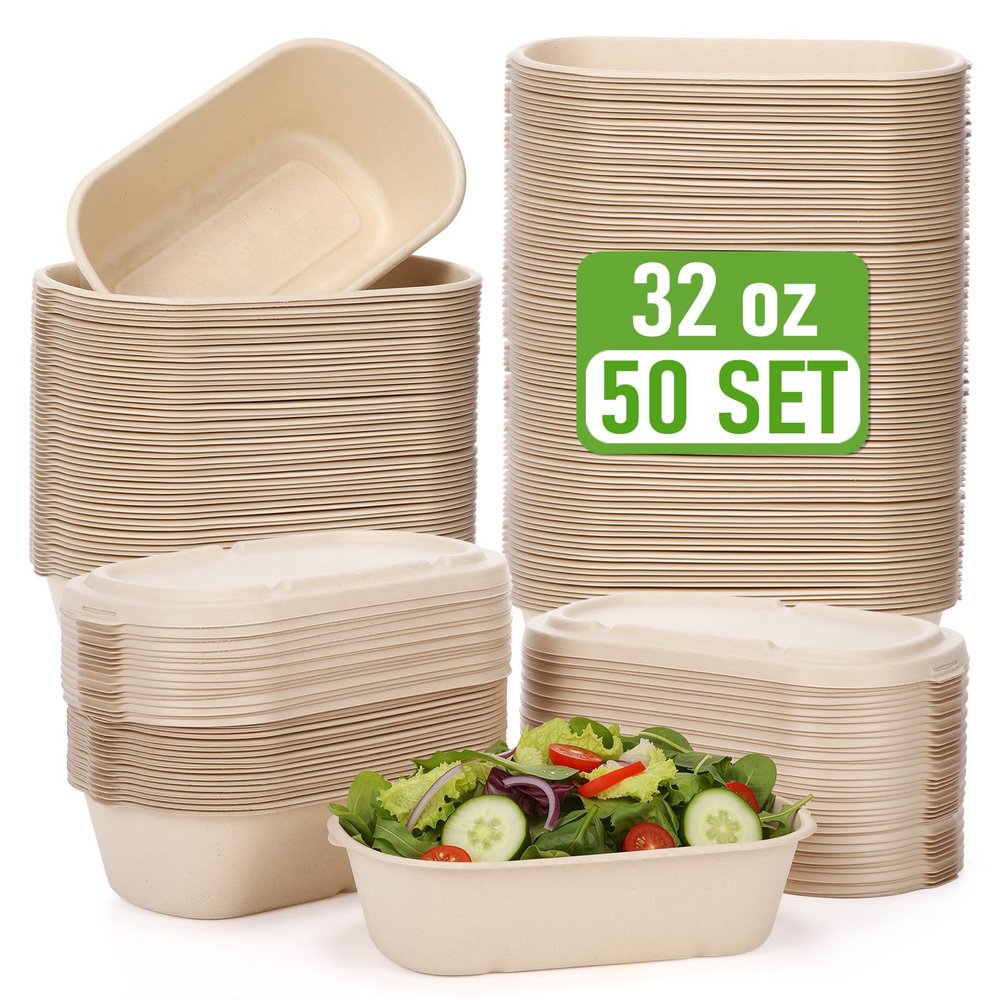 Acellegic 50 Pack 32 oz Disposable Meal Prep Containers with Lids Rectangle Paper Bowls with Lids Disposable Food Bowls Compostable Lunch Take out Food Containers for Salads, Leftovers
