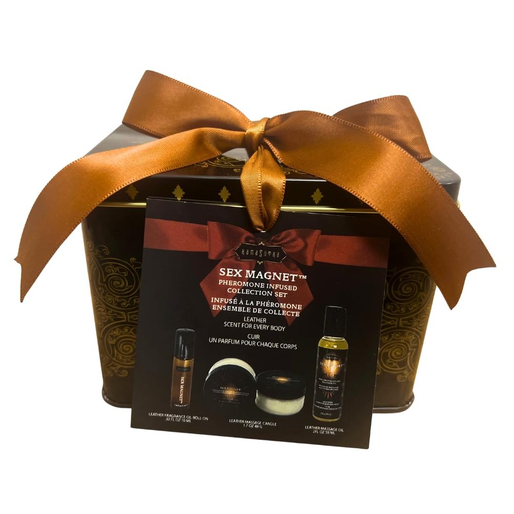 3 Piece Set Pheromone Infused Collection Set, Pheromone Infused Massage Oil - Unisex Leatherkam Scent - Massage Oil Candle, Roller Ball, Complete Pheromone Collection Set in Gift Tin (Leather)