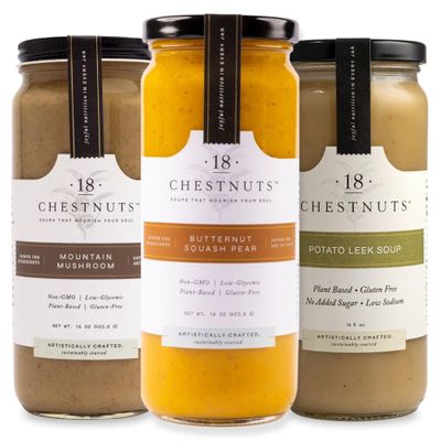 18 Chestnuts Plant Based Soup - Winter Comfort Bundle Box: Potato Leek, Mountain Mushroom, Butternut Squash Pear Bundle, Plant Based & Gluten Free - 3 Jars