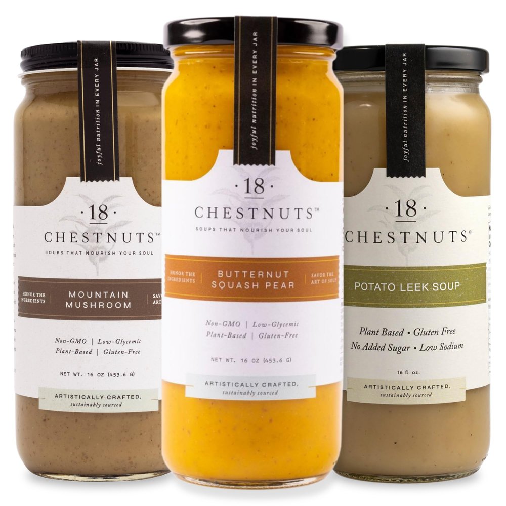 18 Chestnuts Plant Based Soup - Winter Comfort Bundle Box: Potato Leek, Mountain Mushroom, Butternut Squash Pear Bundle, Plant Based & Gluten Free - 3 Jars