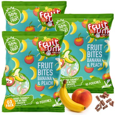 FRUITFUNK Fruit Snacks Bulk Bites Multibag Banana & Peach | Low Sugar Healthy Dessert for Kids | Natural Fruit Snacks | Made from Real Fruit | Vegan | High Fiber | Allergen free | Harvest Snacks - 30 Pack
