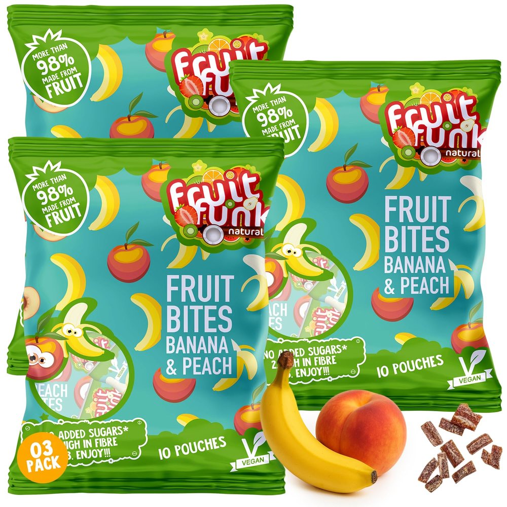 FRUITFUNK Fruit Snacks Bulk Bites Multibag Banana & Peach | Low Sugar Healthy Dessert for Kids | Natural Fruit Snacks | Made from Real Fruit | Vegan | High Fiber | Allergen free | Harvest Snacks - 30 Pack