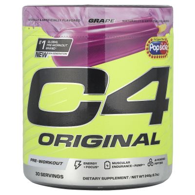 C4 Original Pre Workout Popsicle Grape - Pre-Workout for Endurance, Focus & Performance with 200mg Caffeine, Beta-Alanine, Creatine Nitrate, L-Arginine & PeptiPump Sugar Free, 30 Servings
