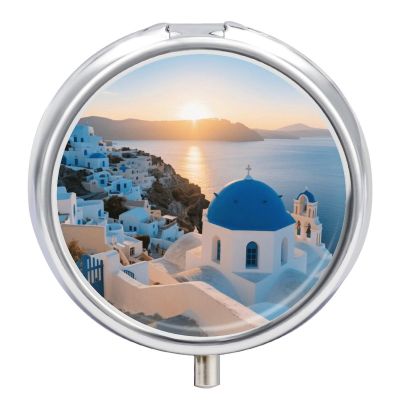 Small Pill Case 3 Compartments Mini Medicine Storage Container Blue And White Buildings And Sea Views Portable Pill Container Holder to Hold Vitamins for Pocket Or Purse Pill Boxes Decorative Metal Me