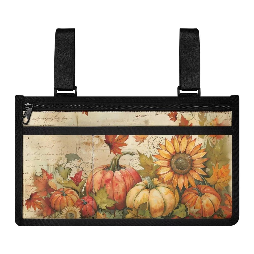 ZOUTAIRONGThanksgiving Wheelchair Side Bag Walker Bag Wheelchair Bags to Hang on Side Pumpkin Sunflower Walker Accessories to Hang on Back