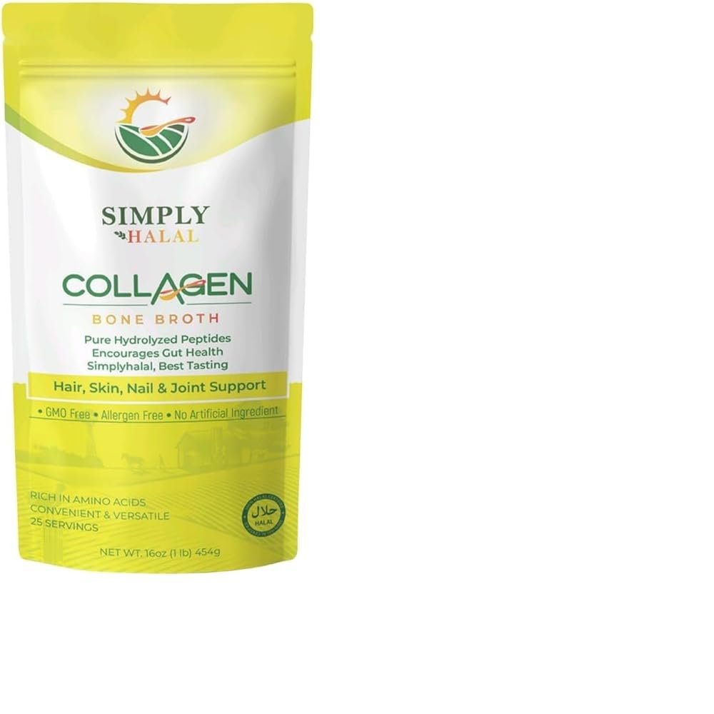 Simply Halal Broth Collagen Powder Type I & III for Joint, Skin, Hair, Nail & Digestive Support Grass-Fed, 30 Servings (16 OZ)