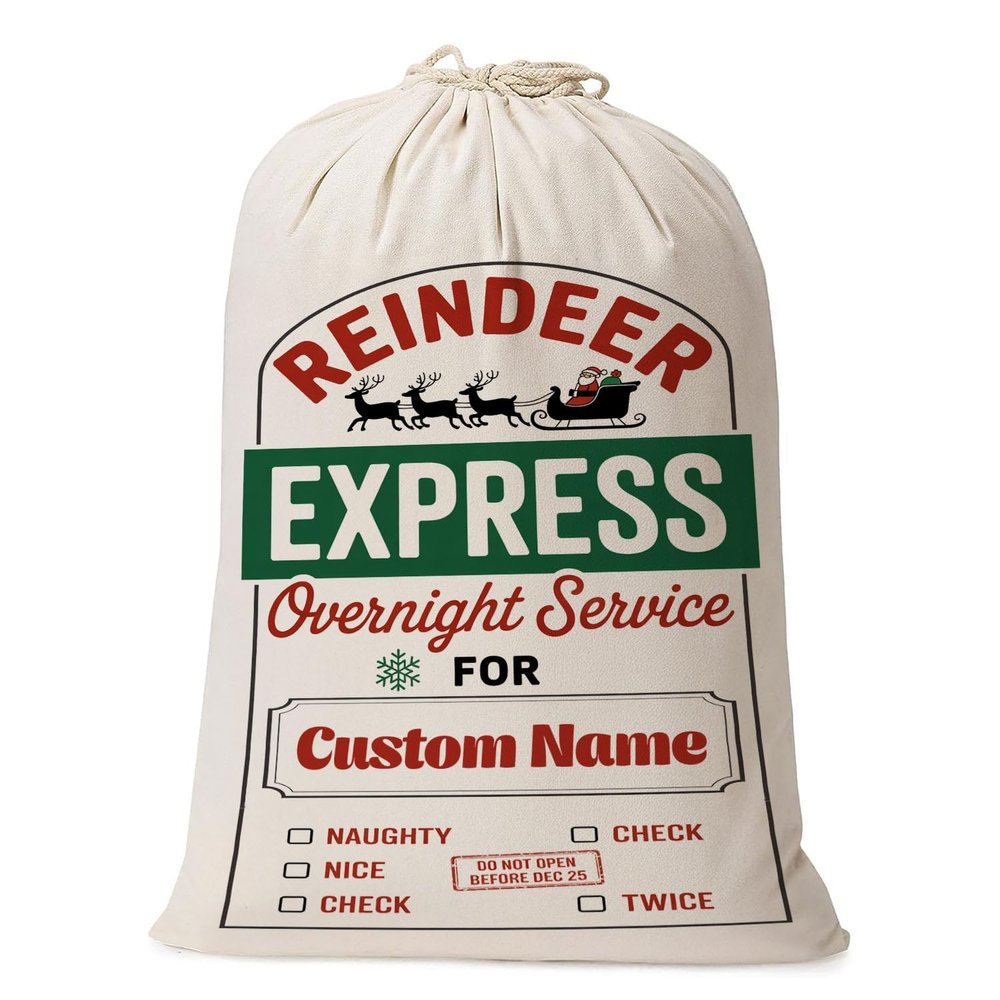 Personalized Christmas Santa SackReindeer Express Overnight Service Gift Bag-Extra Large Custom Canvas Present SackReusable Holiday Gift Bag for Kids, Family, Holiday Party&Christmas Morning 3xR1tv