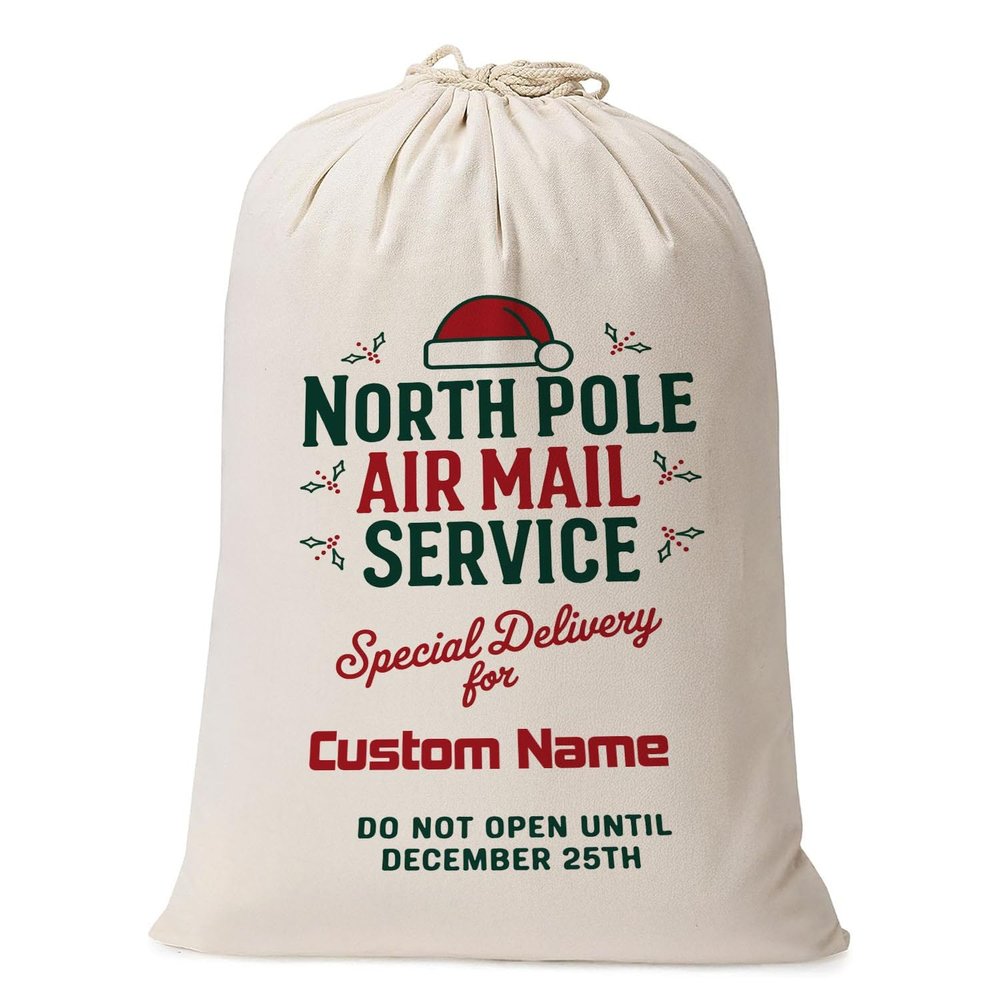 Custom Canvas Santa Sack North Pole Air Mail Service Personalized Christmas Bag Extra Large Reusable Holiday Gift Sack Perfect for Kids, Adults, Family, Holiday Dcor and Gift Giving HLdc1A