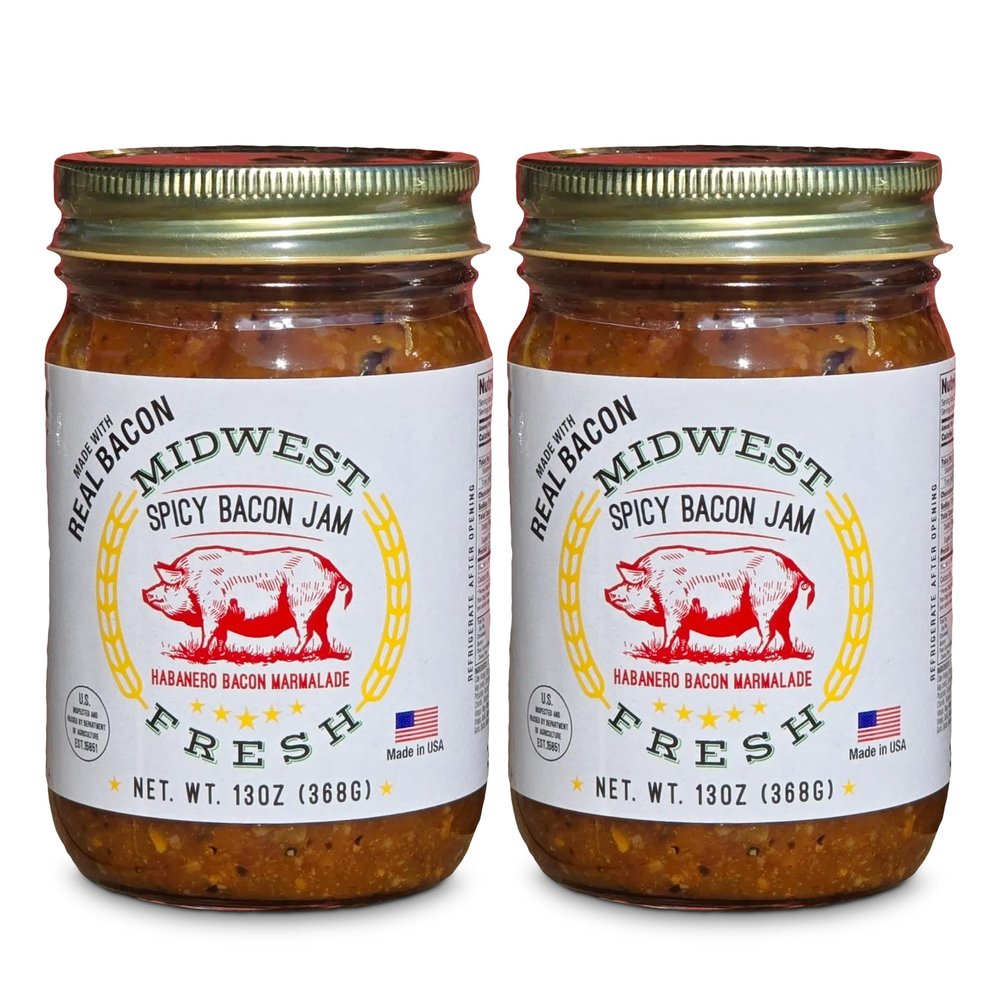 Midwest Fresh Spicy Bacon Jam | Gourmet Bacon Marmalade Spread for Burgers, Sandwiches, Charcuterie, and Appetizers (2 Pack (2 13 oz), 26, Ounce)