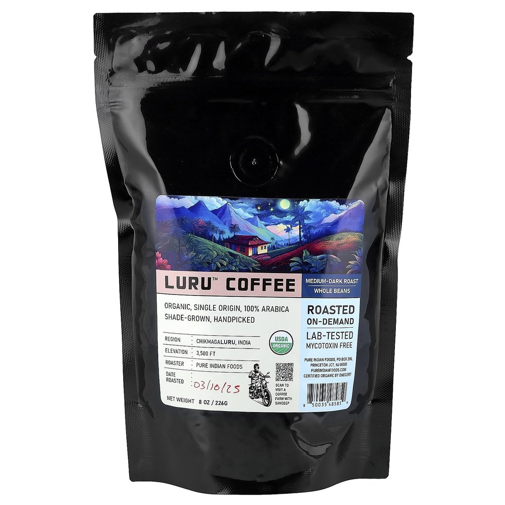 Pure Indian Foods Luru Coffee, Whole Beans, Medium-Dark Roast, 8 oz (226 g)