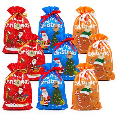 M-sorflly Christmas Gift Bags, 9pcs Medium Size Cloth Xmas Gift Bags in Red, Orange, Blue with 12 Tags, Reusable Drawstring Christmas Bags for Holiday Gift Wrapping - 10.2 x 14.17 inches