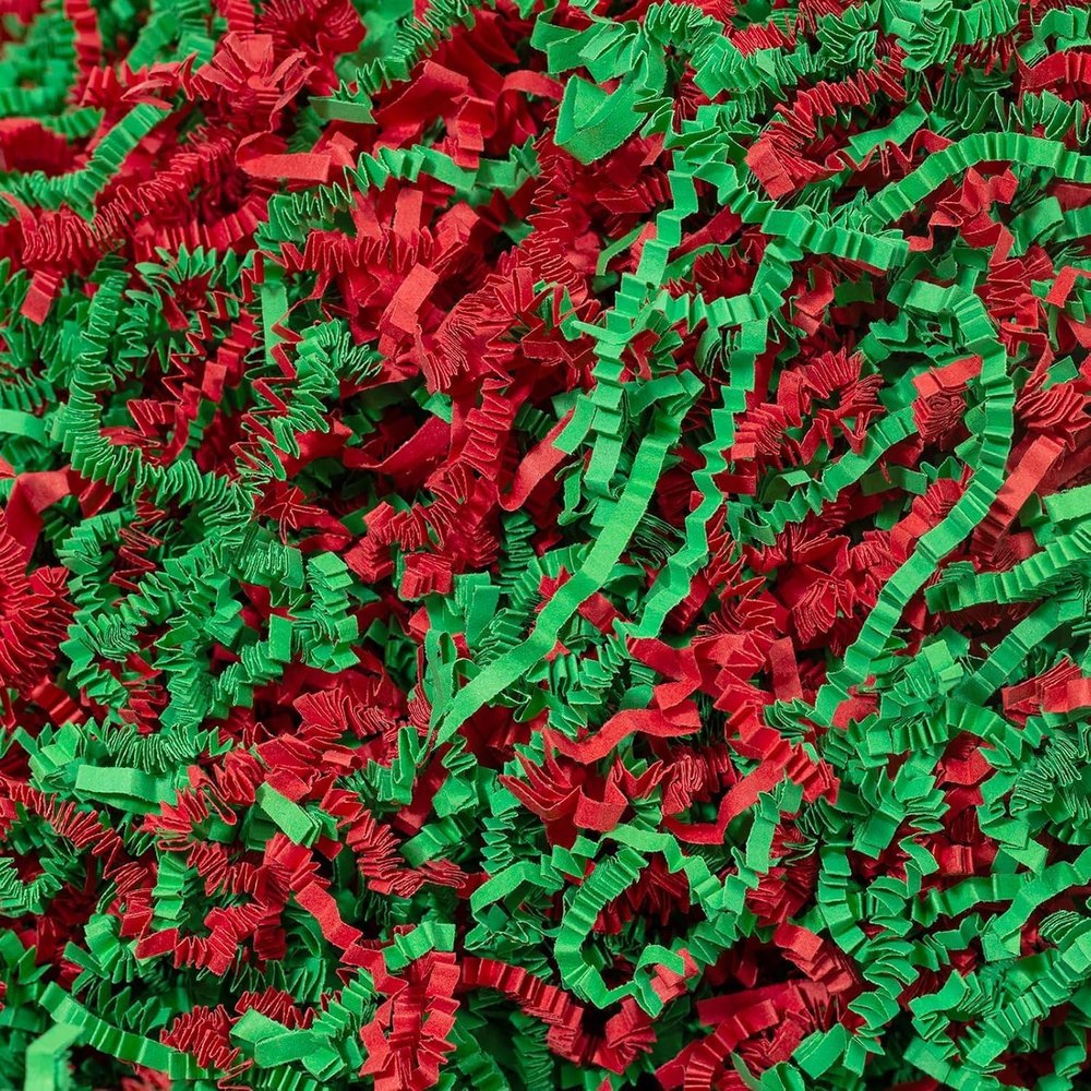 1/2 LB - Green & Red - Soft & Thin Crinkle Cut Paper Shred Filler great for Gift Wrapping, Basket Filling, Birthdays, Weddings, Anniversaries, Valentines Day, and other occasions