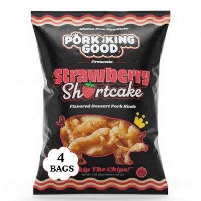 Pork King Good Strawberry Shortcake Pork Rinds (4 Pack), 3 oz Dessert Flavored Chicharrones, Low Carb and Gluten Free Snacks