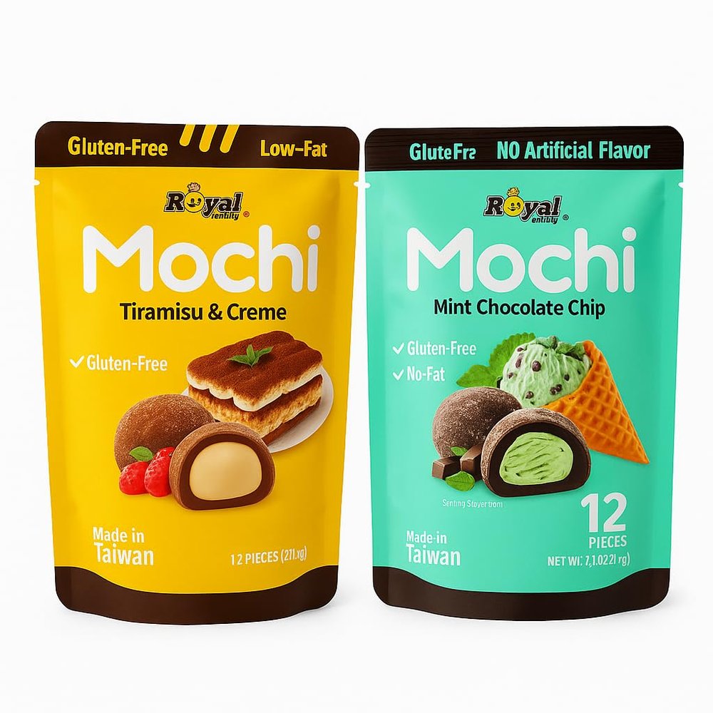 Mochi Tiramisu & Creme & Mint Chocolate Chip Soft Japanese Style Rice Cake Snack with Creamy Filling Gluten-Free, Low-Fat Asian Dessert Treat (12 Pieces per Bag) total 2 Pack