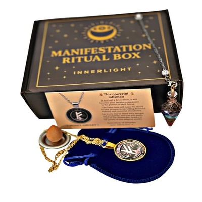 Manifestation Money Ritual Box InnerLight Fehu Money Amulet Necklace Gift Set for Wealth, Prosperity & Abundance Includes Pendant, Chakra Crystal Pendulum, Velvet Pouch & Ritual Card