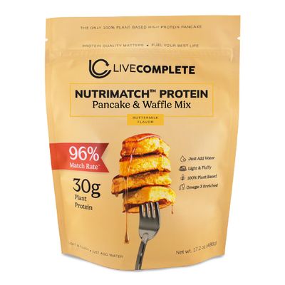 LiveComplete Pancake & Waffle Mix | Performance Blend | Buttermilk Flavor | 30g Protein per Serving | Vegan, 100% Plant-Based, Complete Protein with 96% Match Rate (No Dairy, Milk, or Whey)