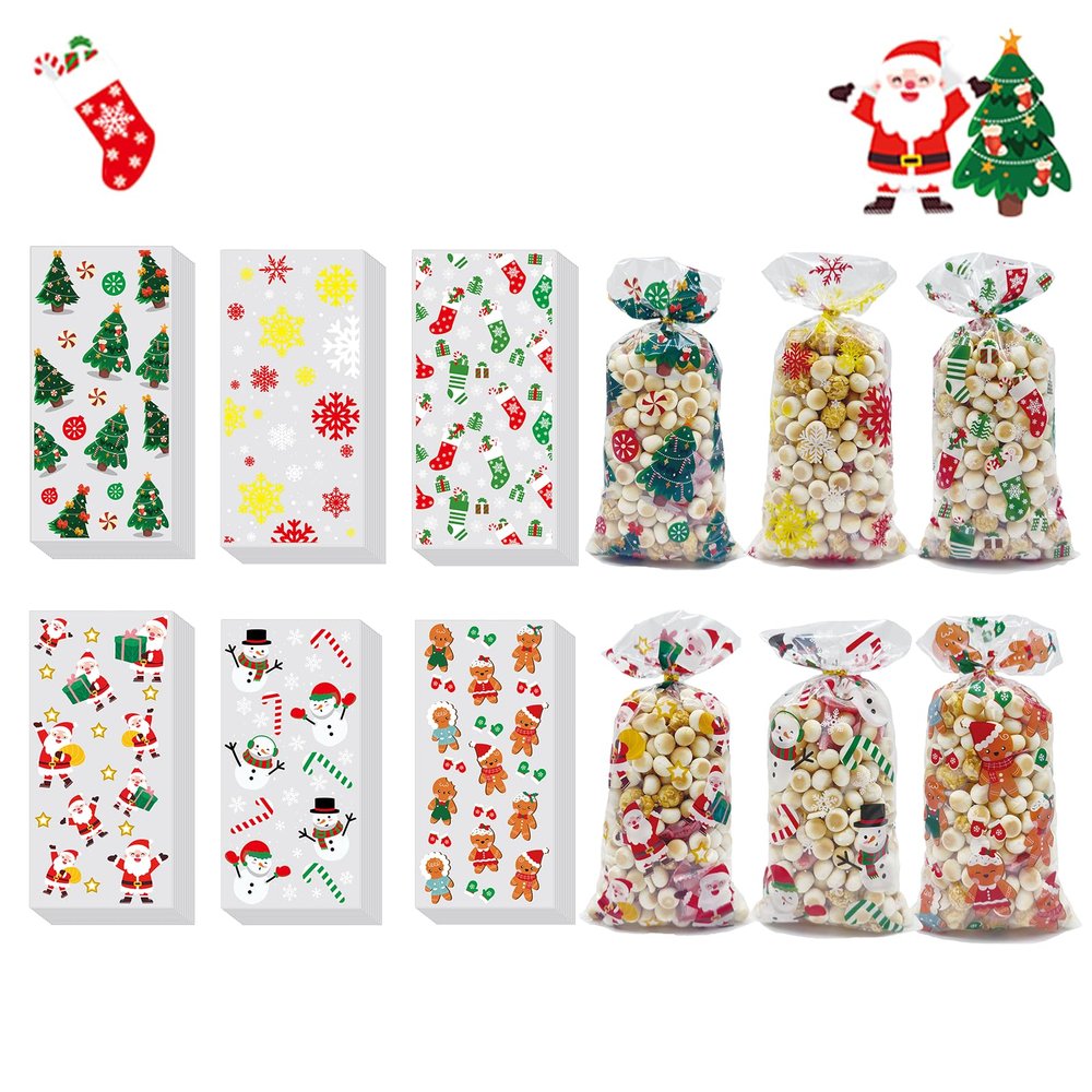 EatnMgan 180Pcs Christmas Cellophane Treat Bags,Santa Claus Goodie Candy,Cellophane Bags,Xmas Party Favors Bags Cellophane Candy bags with 200Pcs Twist Ties for Christmas Party Supplies