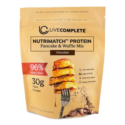 LiveComplete Pancake & Waffle Mix | Performance Blend | Chocolate | 30g Protein per Serving | Vegan, 100% Plant-Based, Complete Protein with 96% Match Rate (No Dairy, Milk, or Whey)