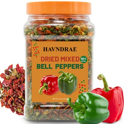 12oz Dried Bell Peppers Mix, Dehydrated Red & Green Bell Pepper Flakes for Ramen, Soups, Stews, Noodles Gluten Free Vegetable Toppings & Seasoning Blend