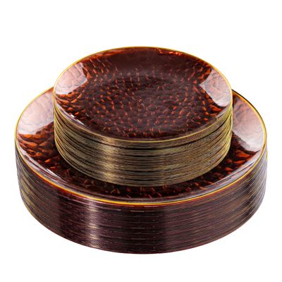 Rubtlamp 60Pcs Amber Plastic Plates - Brown Disposable Plates With Gold Rim, Clear Heavy-duty Party Plates, Hammered Plates Include 30 Dessert Platos, 30 Dinner Platos for Party