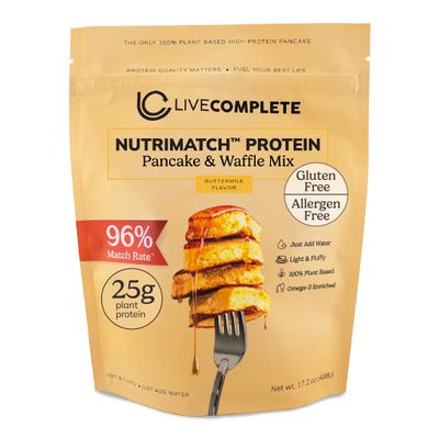 LiveComplete Pancake & Waffle Mix | Gluten & Allergen Free | Buttermilk Flavor | 25g Protein per Serving | Vegan, 100% Plant-Based, Complete Protein with 96% Match Rate (No Wheat, Dairy, Milk, Whey)