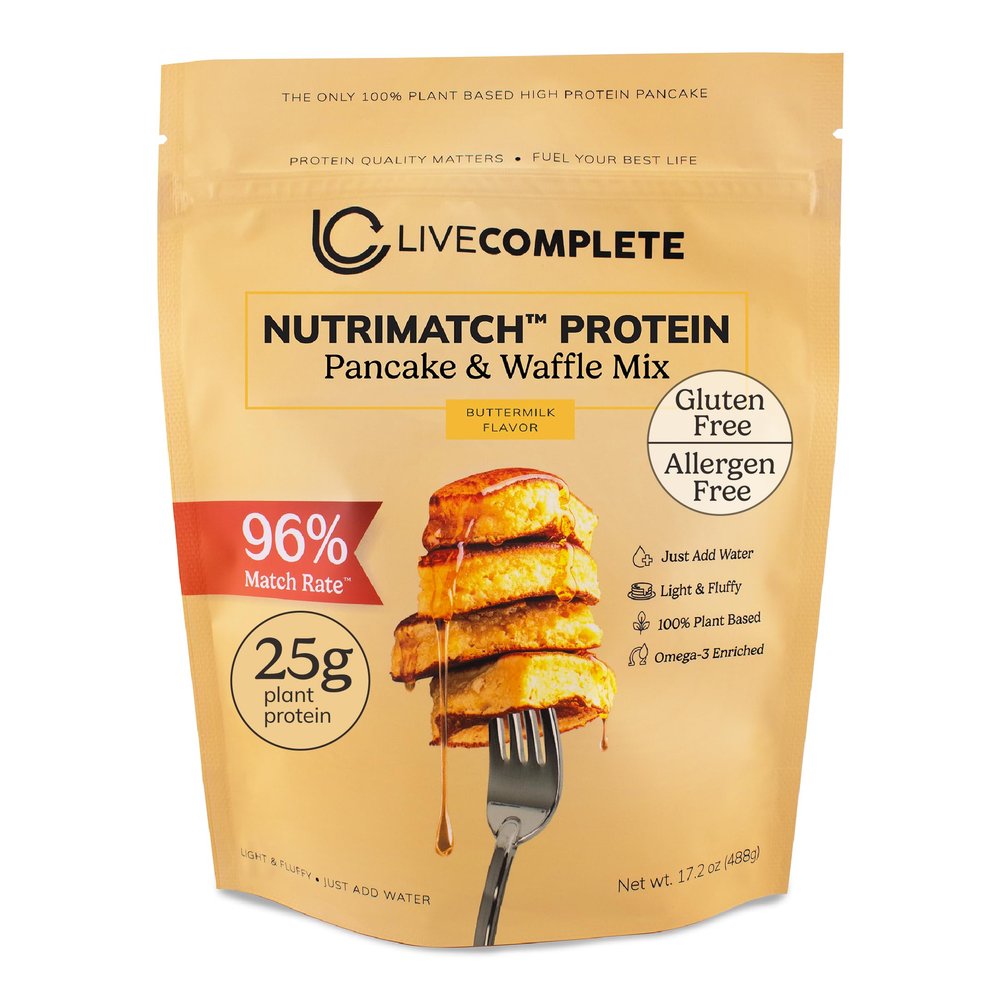 LiveComplete Pancake & Waffle Mix | Gluten & Allergen Free | Buttermilk Flavor | 25g Protein per Serving | Vegan, 100% Plant-Based, Complete Protein with 96% Match Rate (No Wheat, Dairy, Milk, Whey)