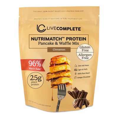 LiveComplete Pancake & Waffle Mix | Gluten & Allergen Free | Cinnamon | 25g Protein per Serving | Vegan, 100% Plant-Based, Complete Protein with 96% Match Rate (No Wheat, Dairy, Milk, Whey)