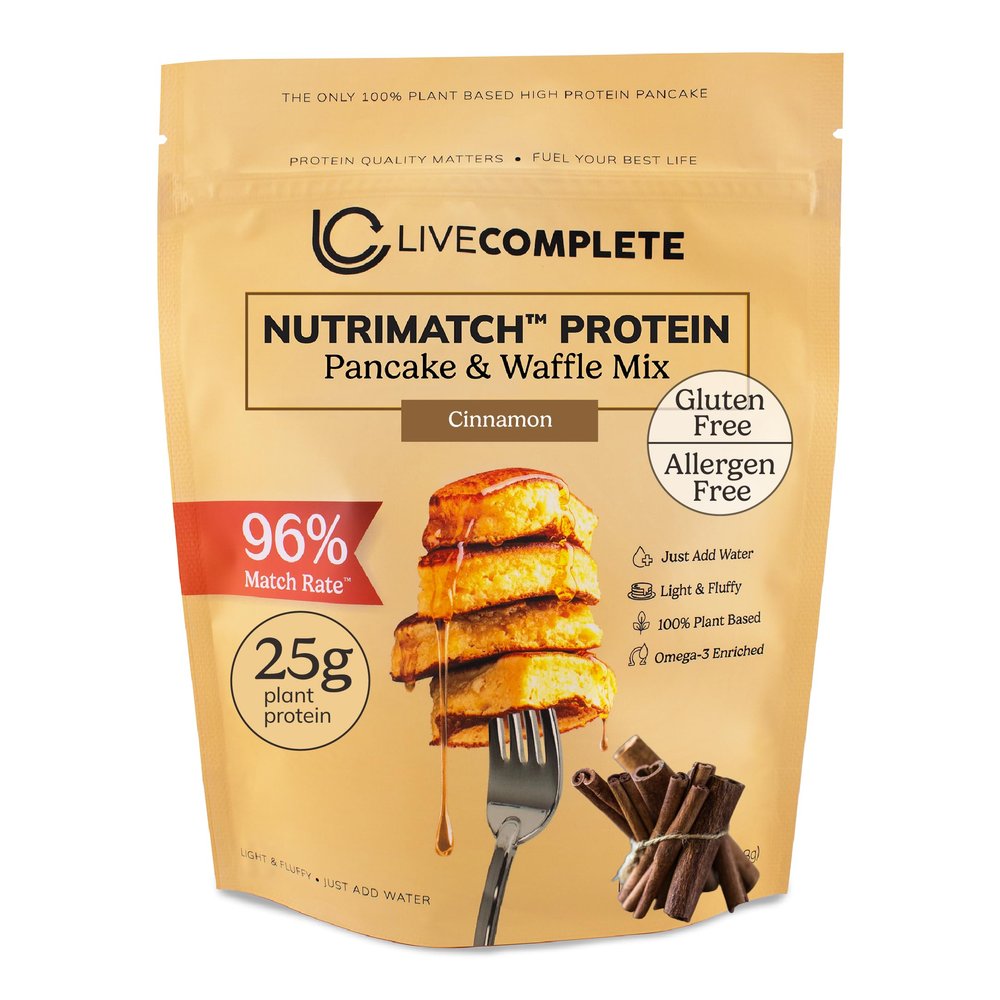 LiveComplete Pancake & Waffle Mix | Gluten & Allergen Free | Cinnamon | 25g Protein per Serving | Vegan, 100% Plant-Based, Complete Protein with 96% Match Rate (No Wheat, Dairy, Milk, Whey)