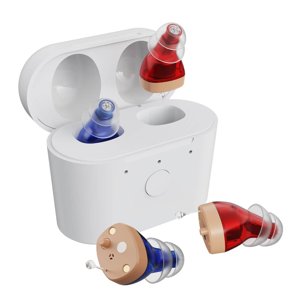 Sierescon Hearing Aids for Seniors Rechargeable, Hearing Amplifier for Adults with Whistle Noise Cancellation, Virtually Invisible Compact Design, 16-Channel Clear Sound Quality (Red and Blue)
