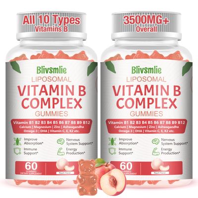 Blivsmlie 2 Pack 33-in-1 Liposomal Vitamin B Complex Gummies -B1, B2, B3, B4, B5, B6, B7, B8, B9,B12 | Vitamin C, D3,K2|Calcium,Magnesiun,Zinc etc.for Energy, Brain,Immune,Skin Support &Heart Support
