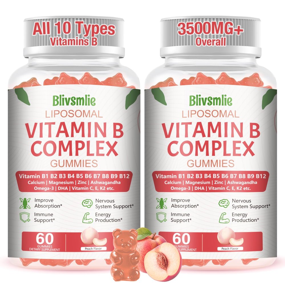 Blivsmlie 2 Pack 33-in-1 Liposomal Vitamin B Complex Gummies -B1, B2, B3, B4, B5, B6, B7, B8, B9,B12 | Vitamin C, D3,K2|Calcium,Magnesiun,Zinc etc.for Energy, Brain,Immune,Skin Support &Heart Support