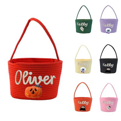 Personalized Hallowmas Gift Basket with Embroider Name Dolls Custom Red Trick or Treat Bag Customized Handmade Candy Bags for All Hallows Day Festival Activities Party Decorations