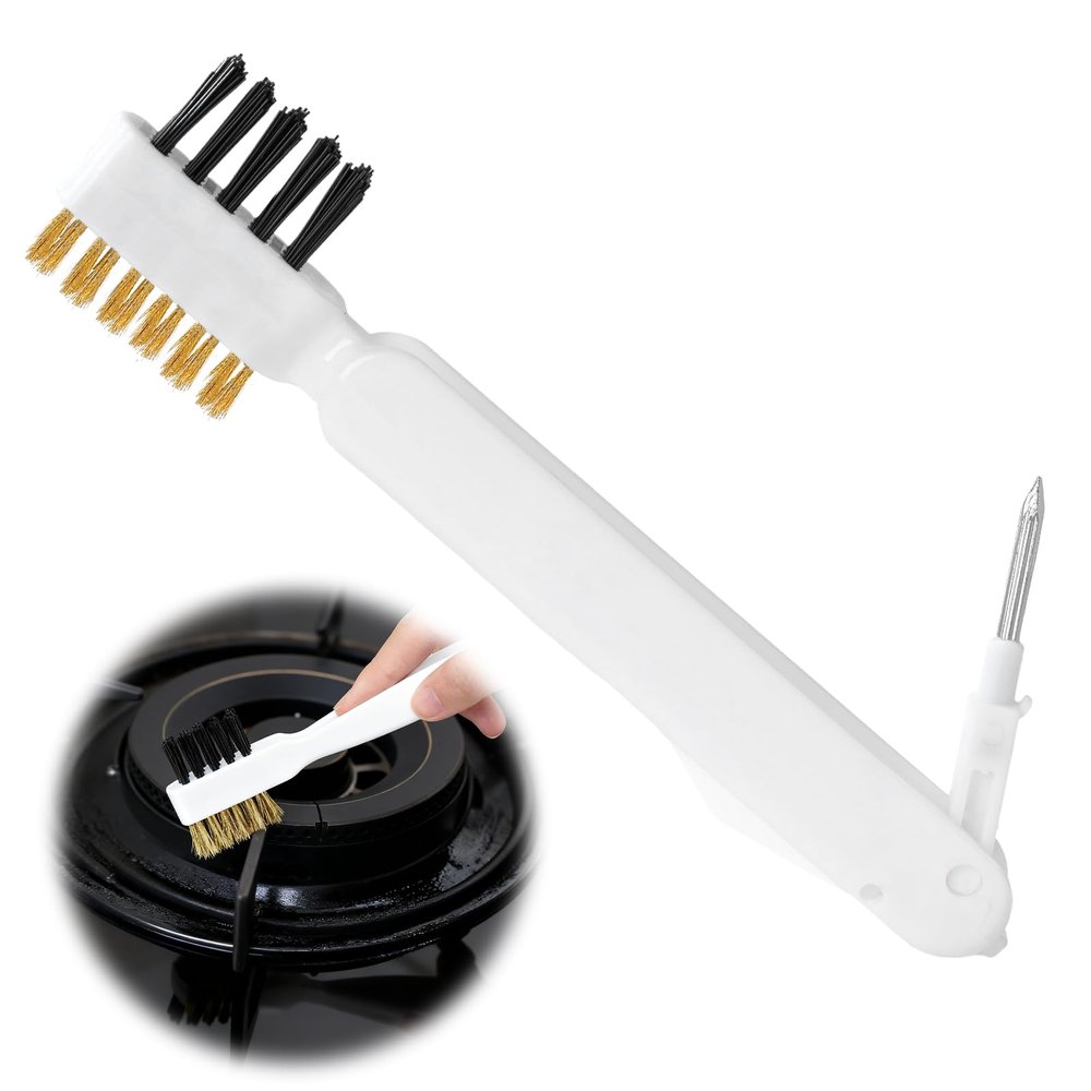 Clofiak Kitchen Cleaning Scrub Brush, 4-in-1 Deep Gas Stove Top Cleaner With Brass Wire Brush, Stiff Bristles & Cooktop Scrape, Range Hood Grease Grime Rust Cleaner for Pot Pan Household Cleaning Tool