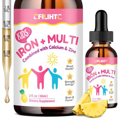 Liquid Iron Supplement for Kids, Women & Men - with Calcium, Zinc, Kids Multivitamin with Iron Drops - Blood Builder & Energy Support for Iron Deficiency, Anemia, Pineapple Flavor 2 Fl Oz