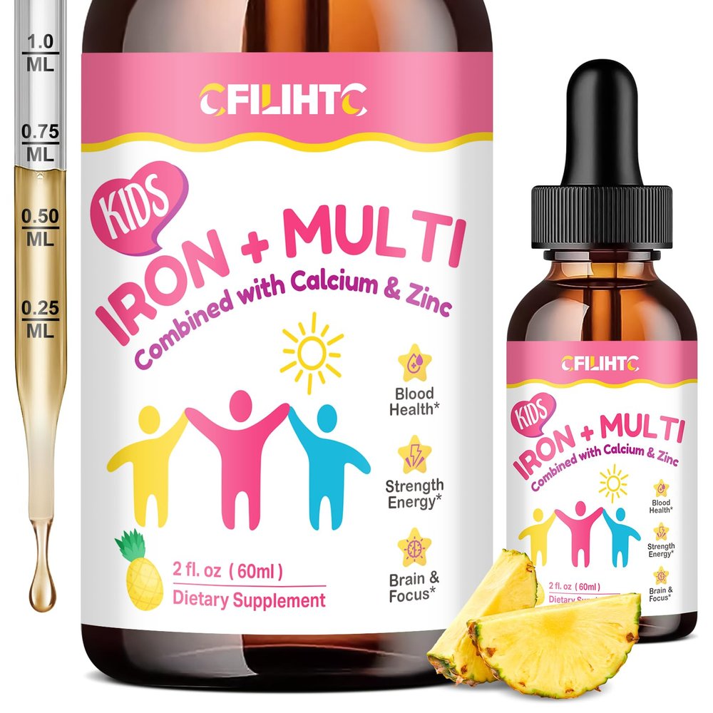 Liquid Iron Supplement for Kids, Women & Men - with Calcium, Zinc, Kids Multivitamin with Iron Drops - Blood Builder & Energy Support for Iron Deficiency, Anemia, Pineapple Flavor 2 Fl Oz