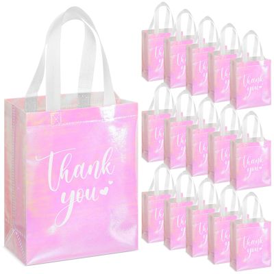 Sweetude 30 Pcs Thank You Gift Bags with Handles, Reusable Non Woven Foldable Goodie Bags Bulk for Graduation Teacher Appreciation Wedding Bridesmaid Favors(10 x 8 x 4 Inch,Laser Pink)