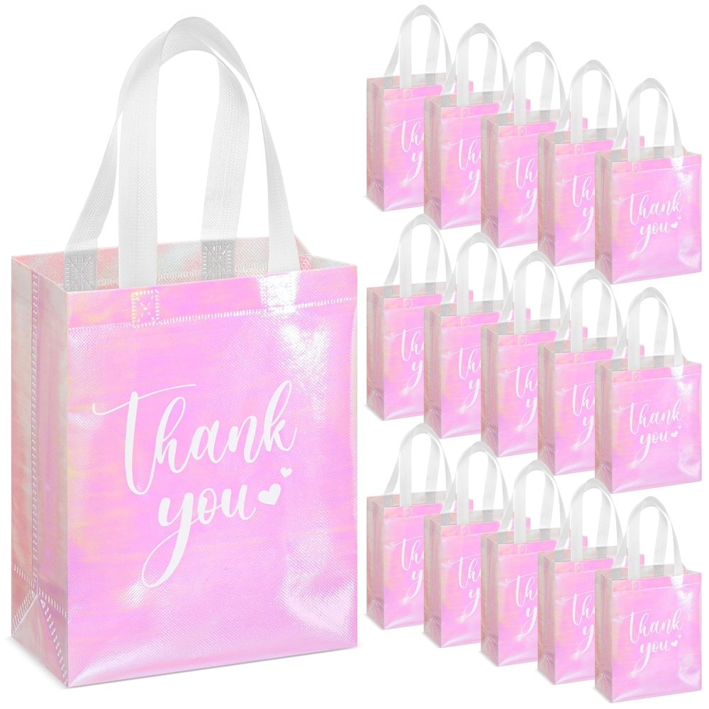 Sweetude 30 Pcs Thank You Gift Bags with Handles, Reusable Non Woven Foldable Goodie Bags Bulk for Graduation Teacher Appreciation Wedding Bridesmaid Favors(10 x 8 x 4 Inch,Laser Pink)