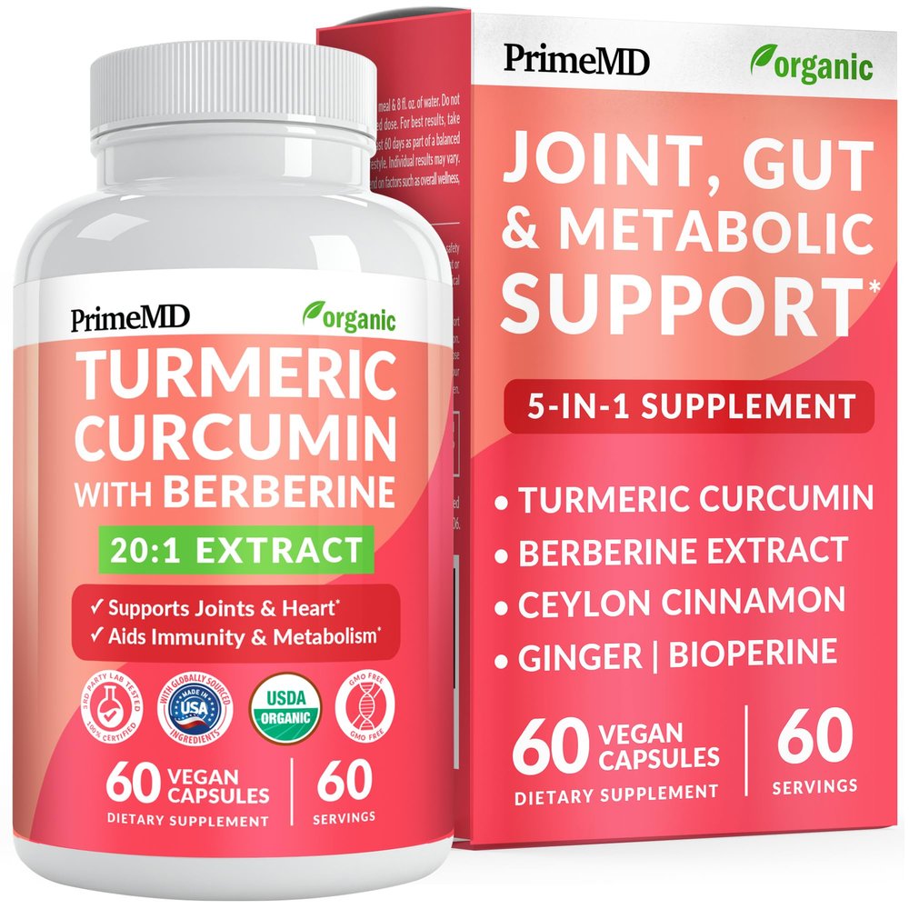 5-in-1 USDA Organic Turmeric Curcumin Supplement - 230mg with Berberine, Ceylon Cinnamon Bioperine and Ginger Supplements for Mobility, Digestion & Wellness Support, USDA Organic, 60 Servings, 1-Pack