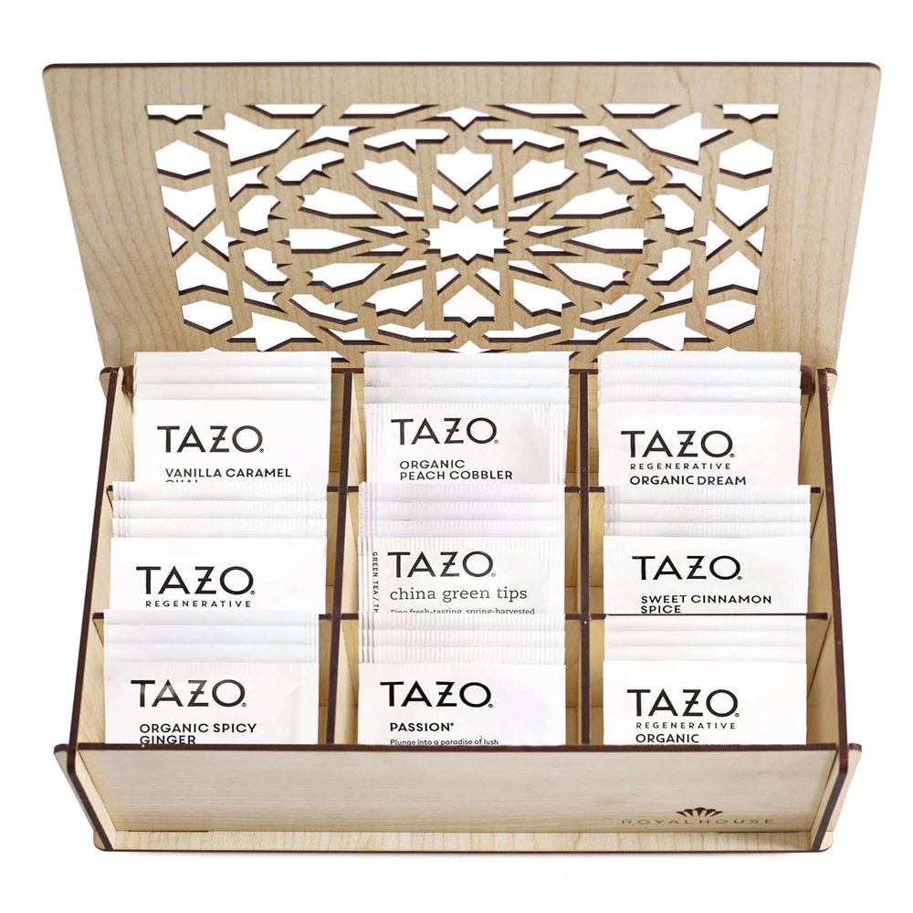 Eva's Gift Universe, Tea Bags Sampler Variety in Wooden White Tea Bag Organizer (80 Count) 9 Different Flavors Gifts for Parents Mom Dad Tea Lovers Couples