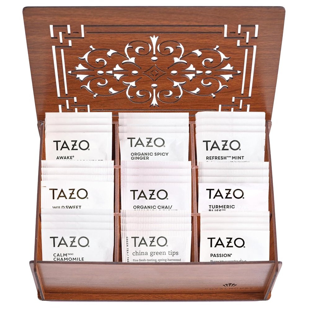 Eva's Gift Universe, Tea Bags Sampler Variety in Wooden Brown Tea Bag Organizer (80 Count) 9 Different Flavors Gifts for Parents Mom Dad Tea Lovers Couples