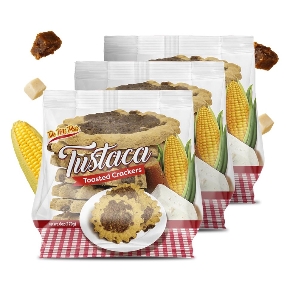 De Mi Pais Tustaca Toasted Crackers Sweet and Savory Corn Crackers Made with Brown Sugar, Cheese, and Skim Milk; Traditional Honduran Snack for Anytime Enjoyment | 6 Oz | 3-Pack