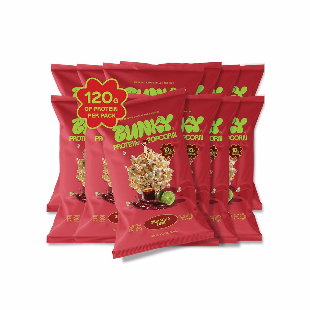 BUNKY Protein Popcorn | Premium High-Protein Air-Popped Snack | Aged White Cheddar & Sriracha Lime | Low Calorie, High Fiber, Guilt-Free Crunch | 10g Protein per Bag | Healthy Post-Workout Snack (2.5 Ounce (Pack of 12), Sriracha Lime)