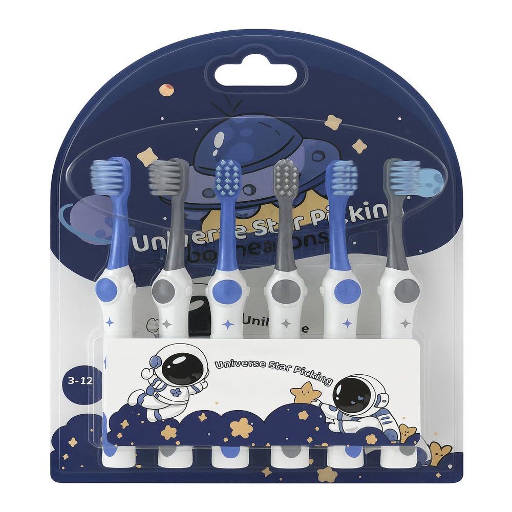 D & K Exclusives Kids Toothbrush 6 Pack Soft Bristles Toothbrushes for Children, Blue Cosmo Space Astronaut, Gentle Oral Care with Comfortable Grip and Compact Brush Head