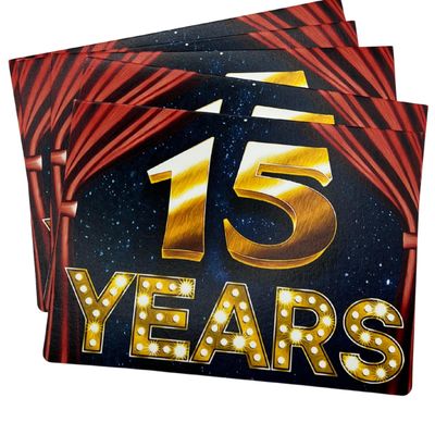 15 Year Work Anniversary Greeting Cards - 10 Pack Black and Gold Theater Design, 15 Year Work Anniversary Card, Blank Inside, Includes Kraft Envelopes, Made in USA - 15 Year Card - 1205