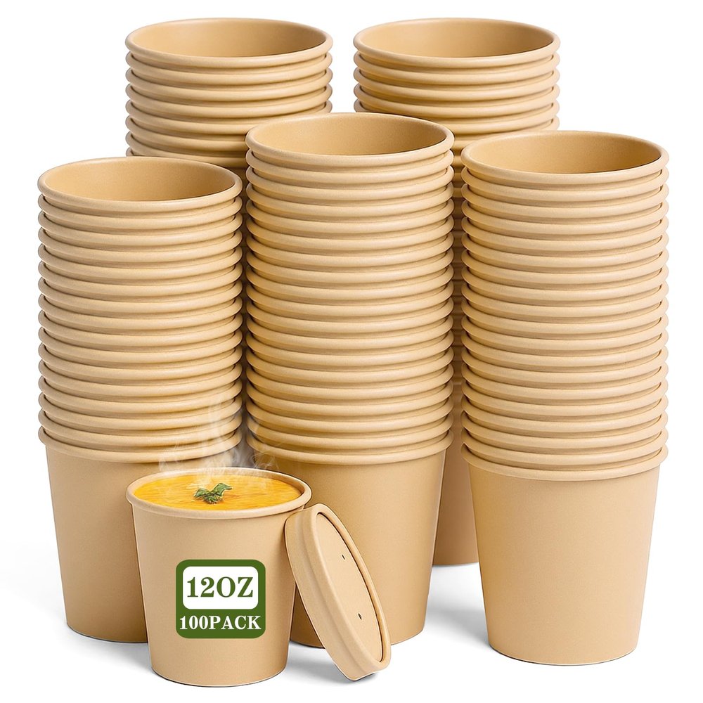 100Pack 12oz Paper Soup Container Cup with Vented Lids, Disposable Paper Food Container Kraft Dessert Bowl Soup Bowls, Microwavable and Freezer Safe for Hot Soup, Ice Cream (100 Pcs - Kraft, 12 oz)
